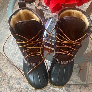 Brown and Black L.L Bean Duck Boots with Yellow Laces